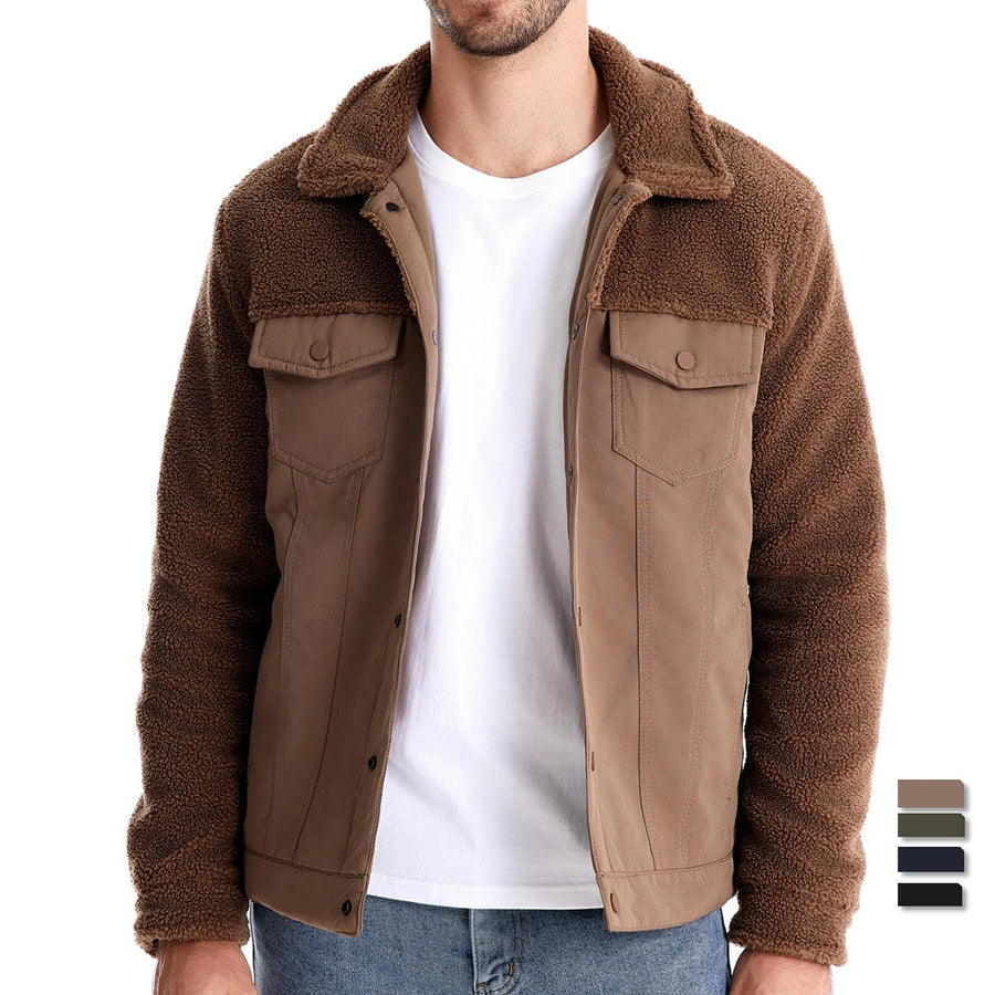 AIOPESON Men's Winter Warm Thick Sherpa Fleece Jacket Patchwork Fur Collar Fashion Casual Work Jackets for Men